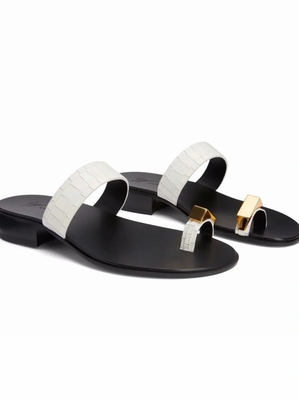 Giuseppe Zanotti White Croc-Embossed Toe-Ring Slide with Gold Accent